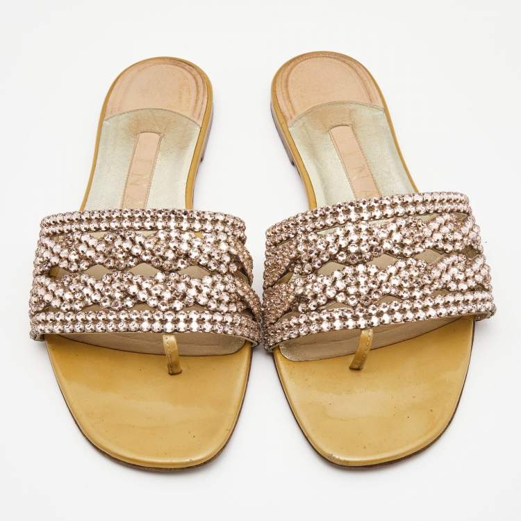 مملوكة مسبقًا Gina Gold Leather, Crystal Flat Sandals Size 38.5