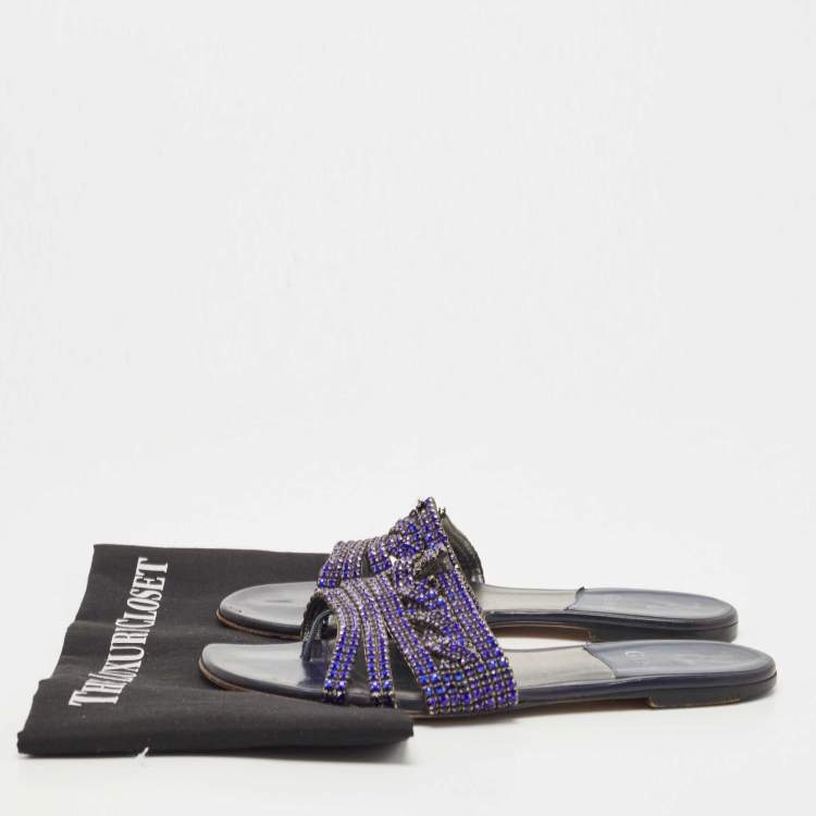 Pre Owned Gina Blue Crystal Embellished Leather Flat Slides Size 38.5