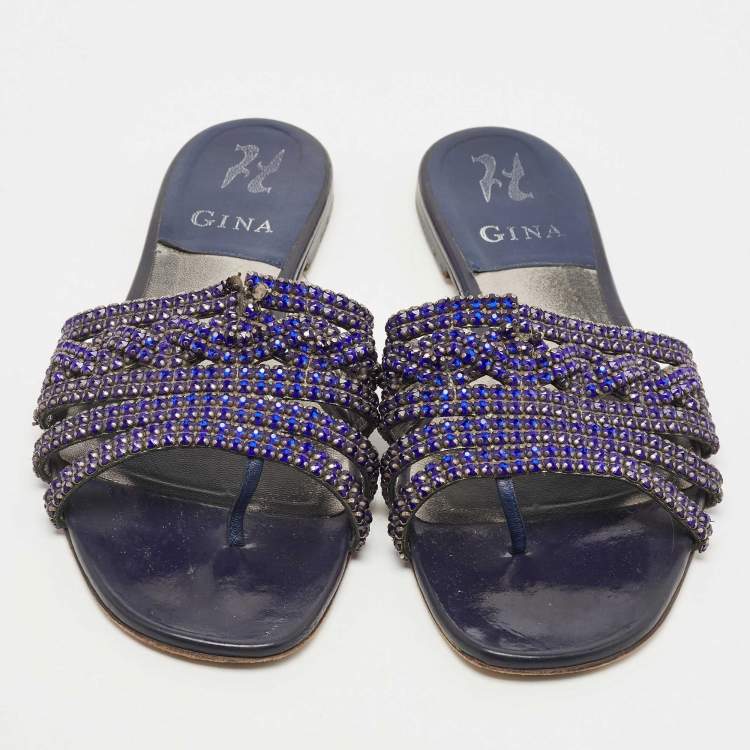 Pre Owned Gina Blue Crystal Embellished Leather Flat Slides Size 38.5