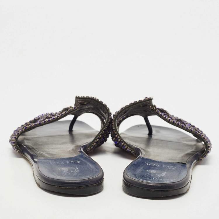 Pre Owned Gina Blue Crystal Embellished Leather Flat Slides Size 38.5