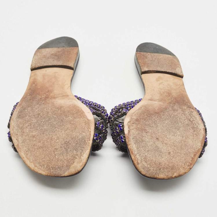 Pre Owned Gina Blue Crystal Embellished Leather Flat Slides Size 38.5