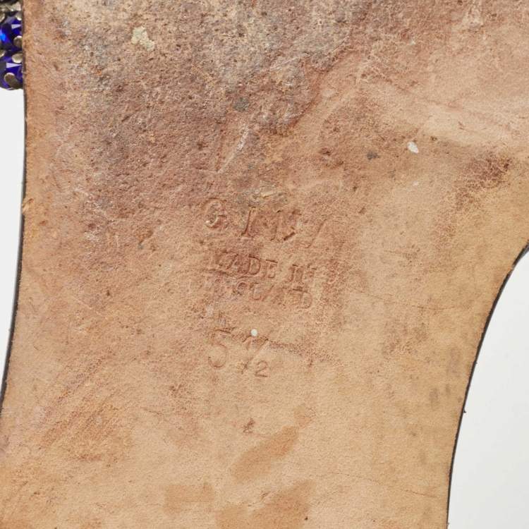 Pre Owned Gina Blue Crystal Embellished Leather Flat Slides Size 38.5