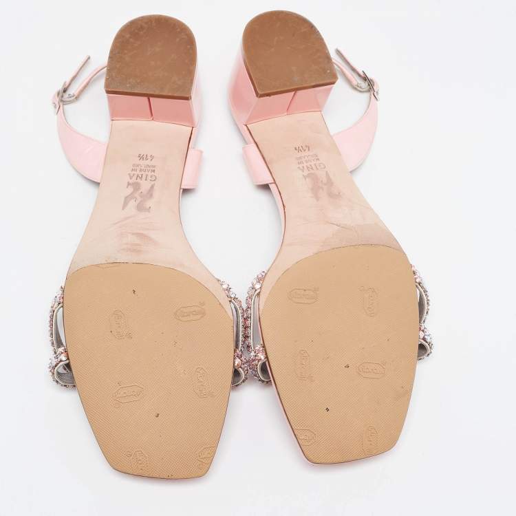 Pre Owned Gina Pink Patent Leather Crystal Embellished Slingback Sandals Size 41.5