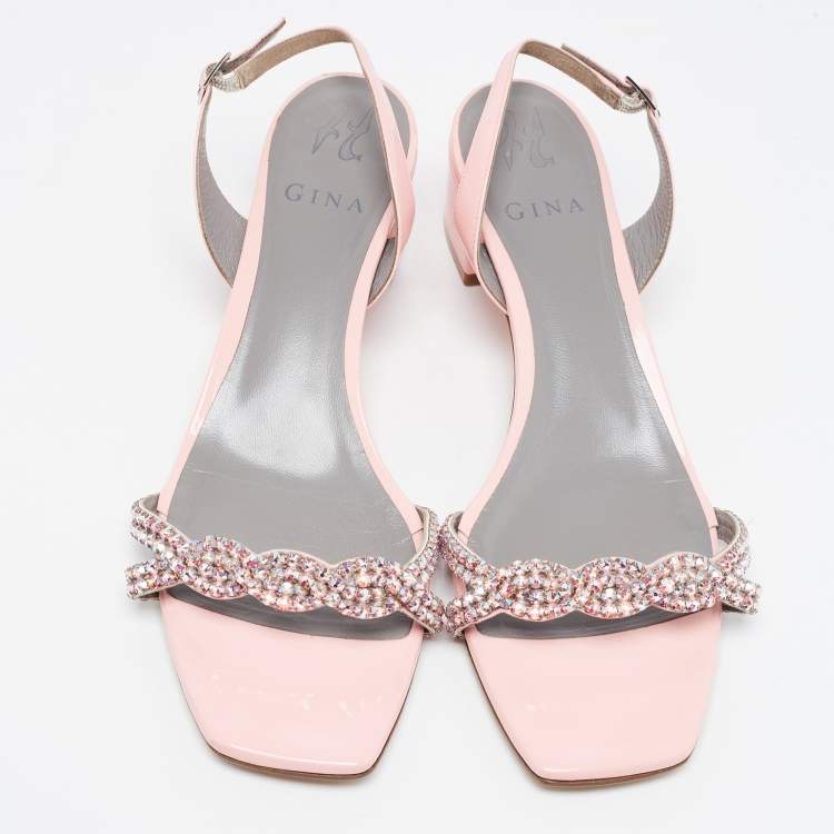 Pre Owned Gina Pink Patent Leather Crystal Embellished Slingback Sandals Size 41.5