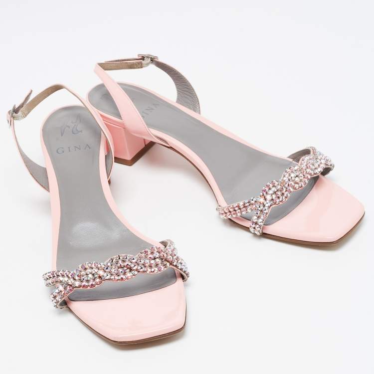 Pre Owned Gina Pink Patent Leather Crystal Embellished Slingback Sandals Size 41.5