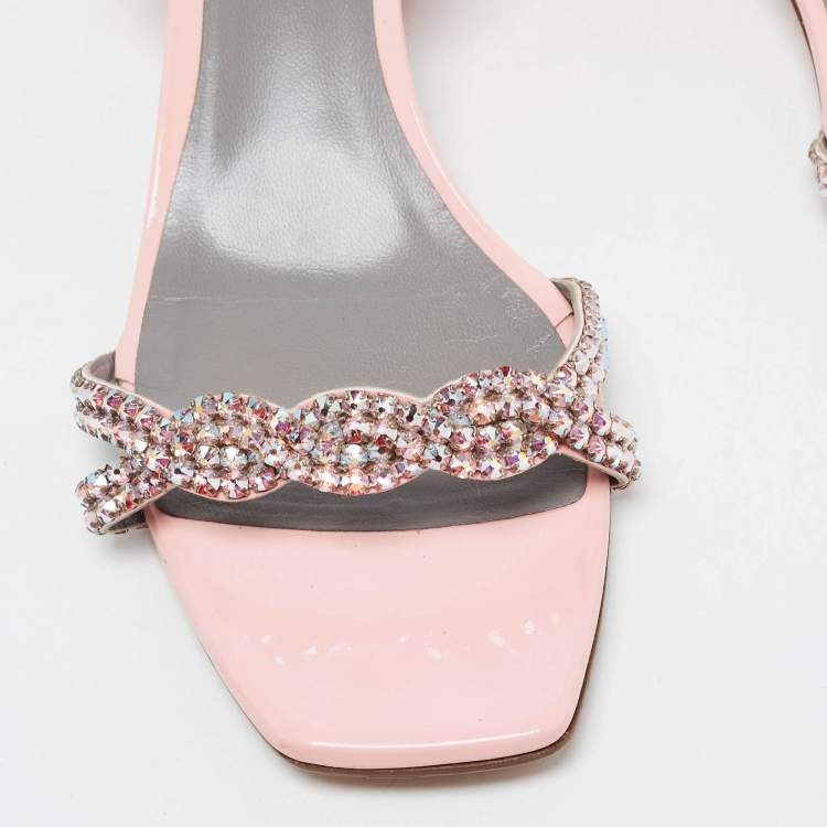 Pre Owned Gina Pink Patent Leather Crystal Embellished Slingback Sandals Size 41.5