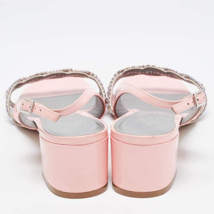 Pre Owned Gina Pink Patent Leather Crystal Embellished Slingback Sandals Size 41.5