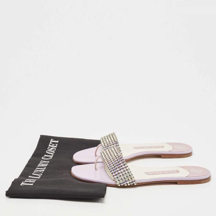 Pre Owned Gina Purple Crystal Embellished Leather Thong Flats Size 37