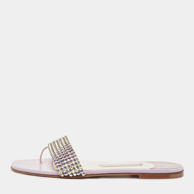 Pre Owned Gina Purple Crystal Embellished Leather Thong Flats Size 37