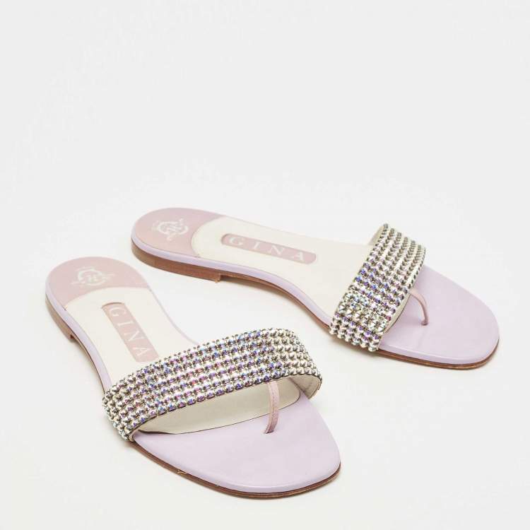 Pre Owned Gina Purple Crystal Embellished Leather Thong Flats Size 37