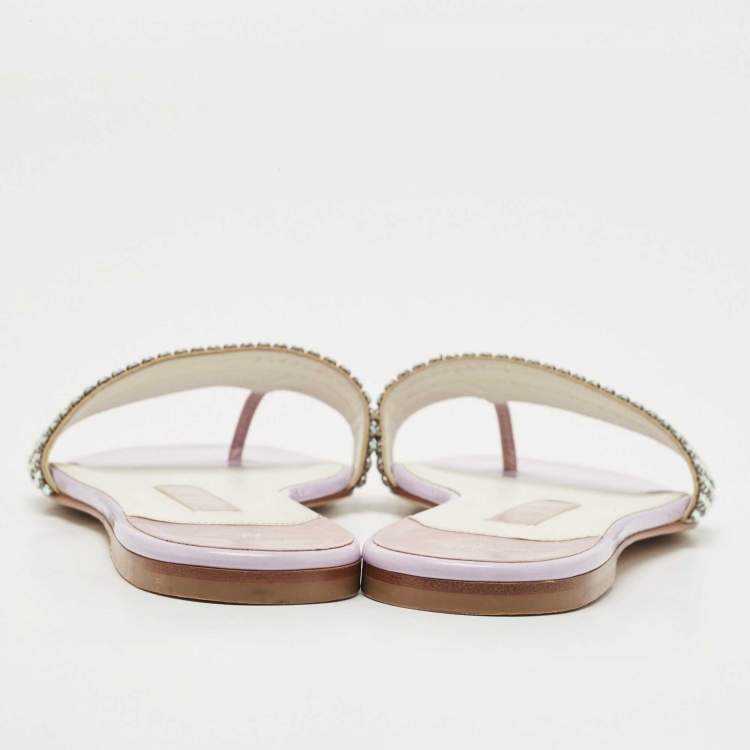 Pre Owned Gina Purple Crystal Embellished Leather Thong Flats Size 37