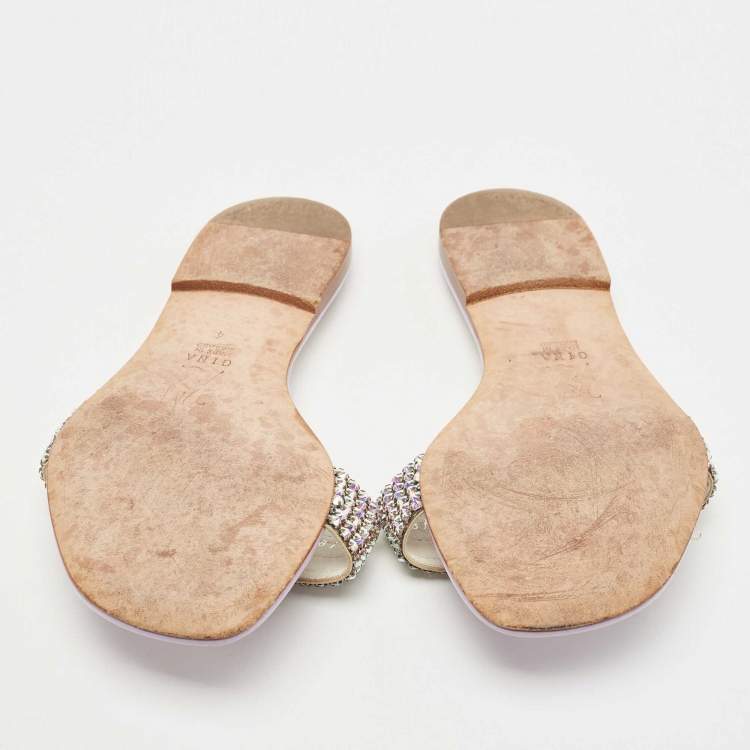 Pre Owned Gina Purple Crystal Embellished Leather Thong Flats Size 37