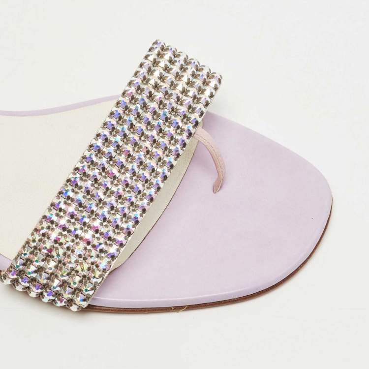 Pre Owned Gina Purple Crystal Embellished Leather Thong Flats Size 37