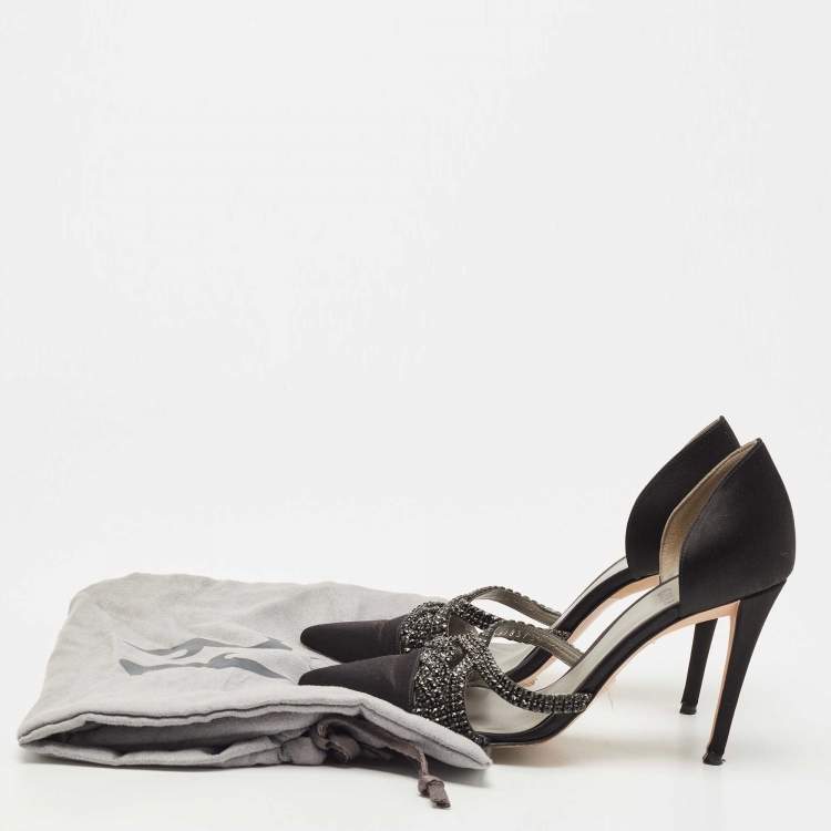 Pre Owned Gina Black Satin Crystal Embellished D'orsay Pointed Toe Pumps Size 38