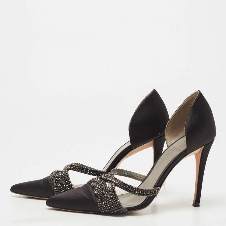 Pre Owned Gina Black Satin Crystal Embellished D'orsay Pointed Toe Pumps Size 38