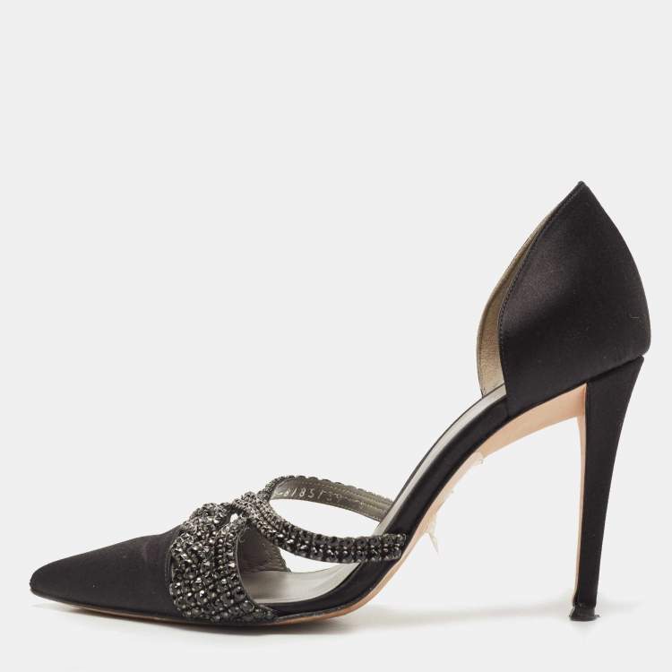 Pre Owned Gina Black Satin Crystal Embellished D'orsay Pointed Toe Pumps Size 38
