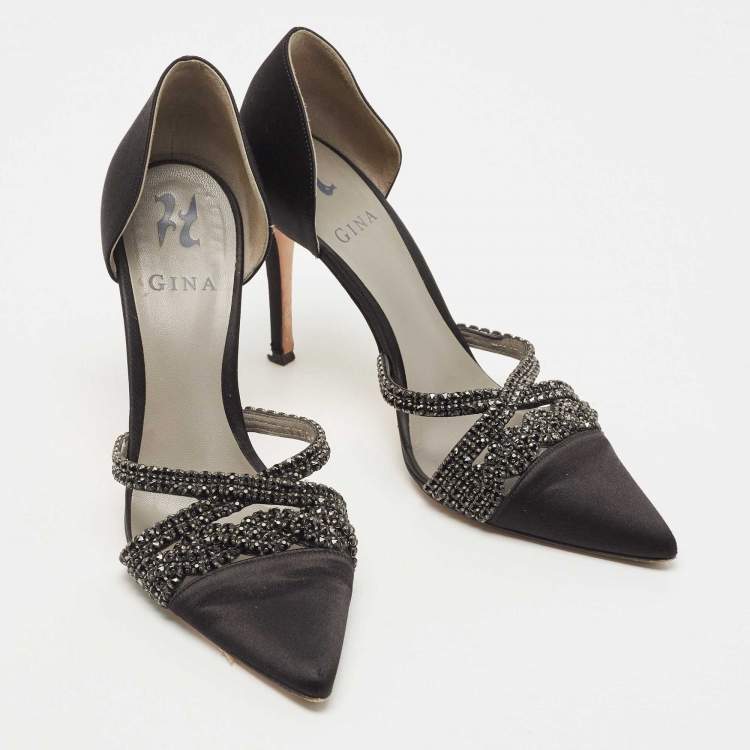 Pre Owned Gina Black Satin Crystal Embellished D'orsay Pointed Toe Pumps Size 38