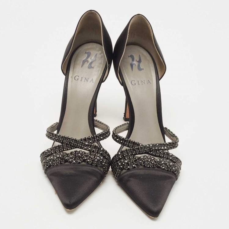 Pre Owned Gina Black Satin Crystal Embellished D'orsay Pointed Toe Pumps Size 38