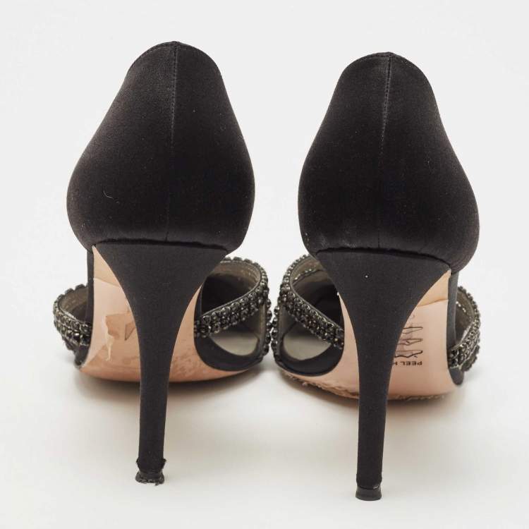 Pre Owned Gina Black Satin Crystal Embellished D'orsay Pointed Toe Pumps Size 38