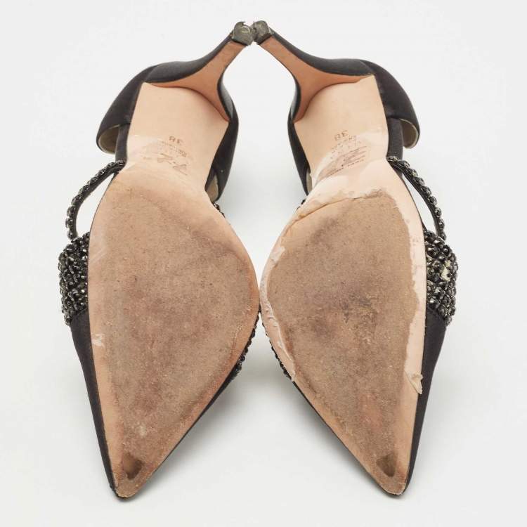 Pre Owned Gina Black Satin Crystal Embellished D'orsay Pointed Toe Pumps Size 38
