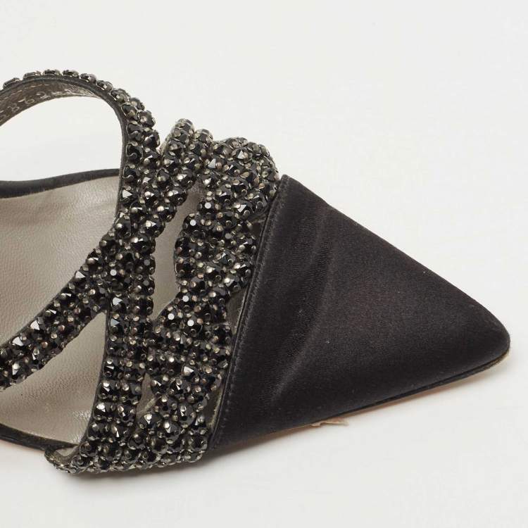 Pre Owned Gina Black Satin Crystal Embellished D'orsay Pointed Toe Pumps Size 38