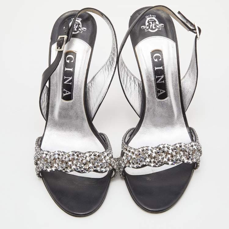 Pre Owned Gina Black/Silver Leather Naomi Crystals Slingback Sandals Size 42