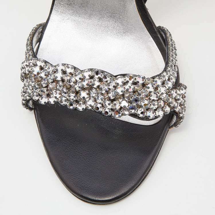Pre Owned Gina Black/Silver Leather Naomi Crystals Slingback Sandals Size 42