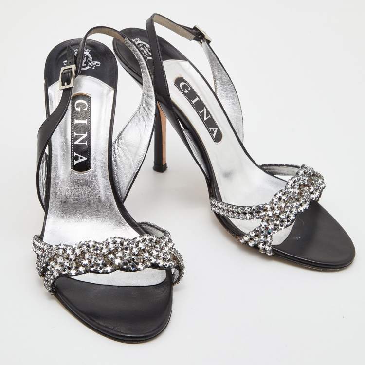 Pre Owned Gina Black/Silver Leather Naomi Crystals Slingback Sandals Size 42