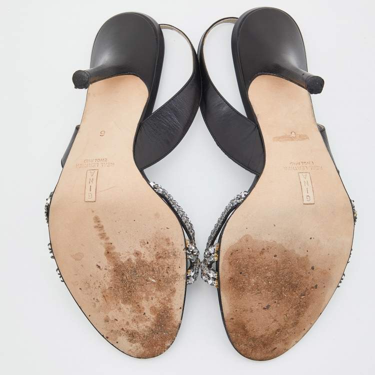 Pre Owned Gina Black/Silver Leather Naomi Crystals Slingback Sandals Size 42