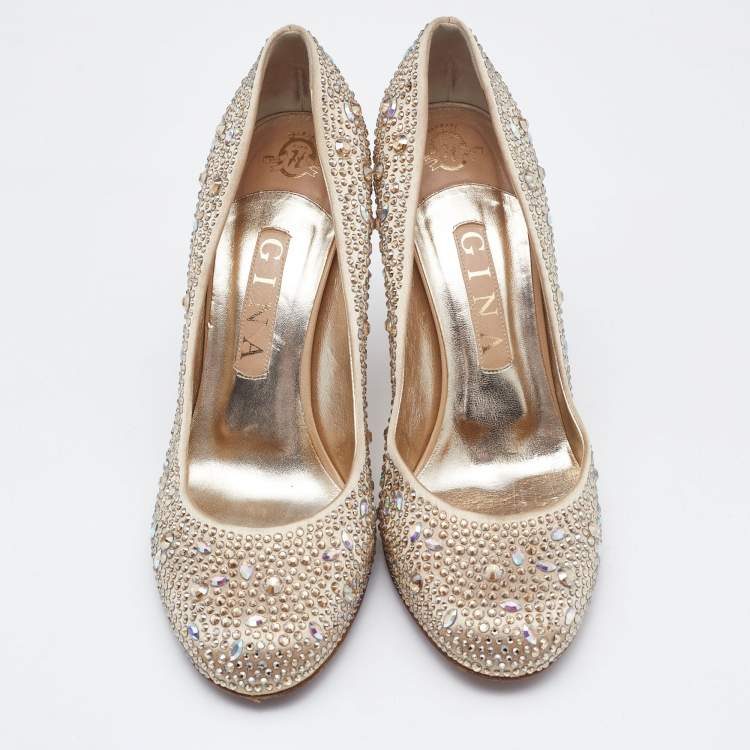 Pre Owned Gina Gold Satin Crystals Embellished Pumps Size 39