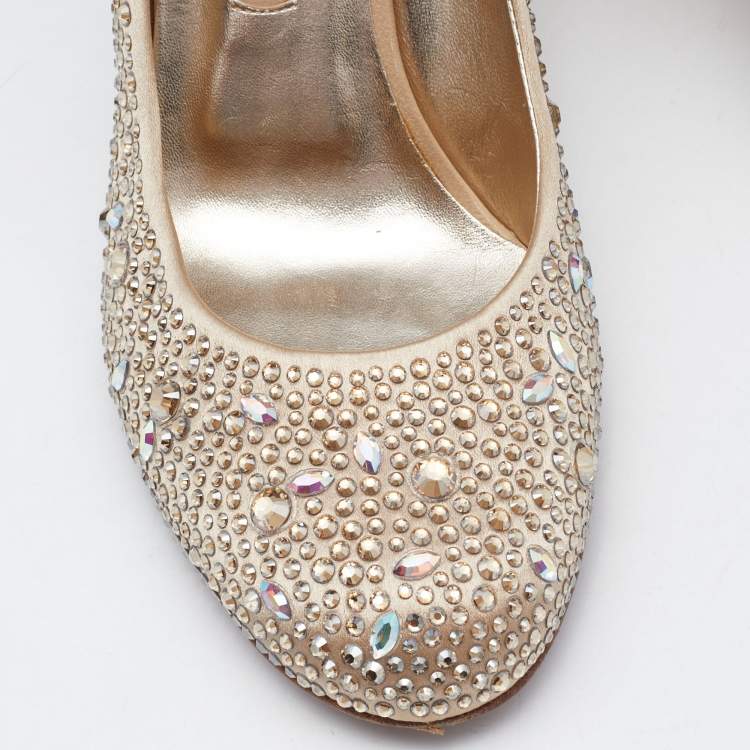 Pre Owned Gina Gold Satin Crystals Embellished Pumps Size 39