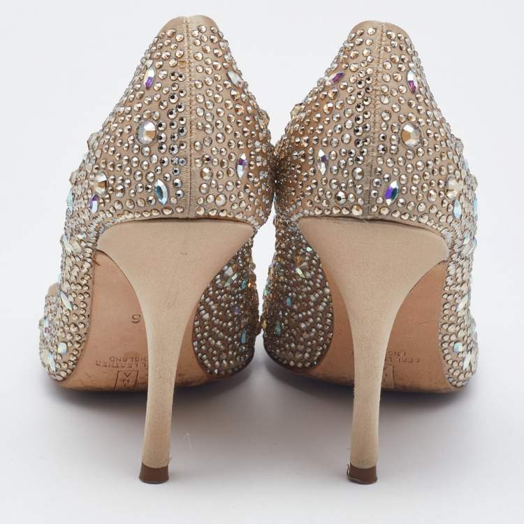 Pre Owned Gina Gold Satin Crystals Embellished Pumps Size 39