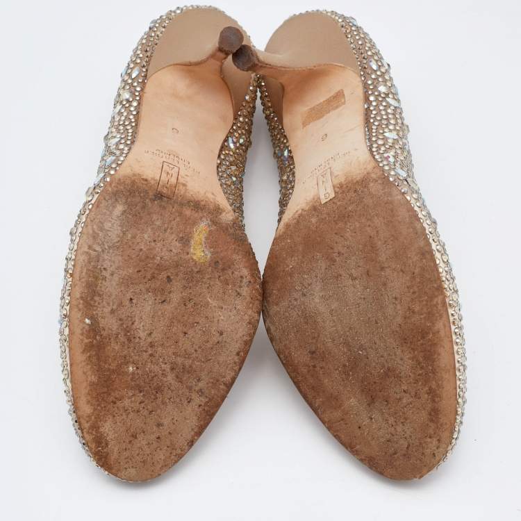 Pre Owned Gina Gold Satin Crystals Embellished Pumps Size 39