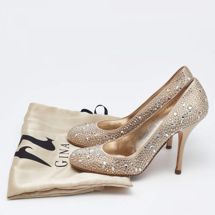 Pre Owned Gina Gold Satin Crystals Embellished Pumps Size 39