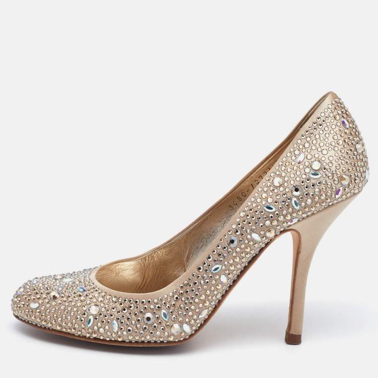 Pre Owned Gina Gold Satin Crystals Embellished Pumps Size 39