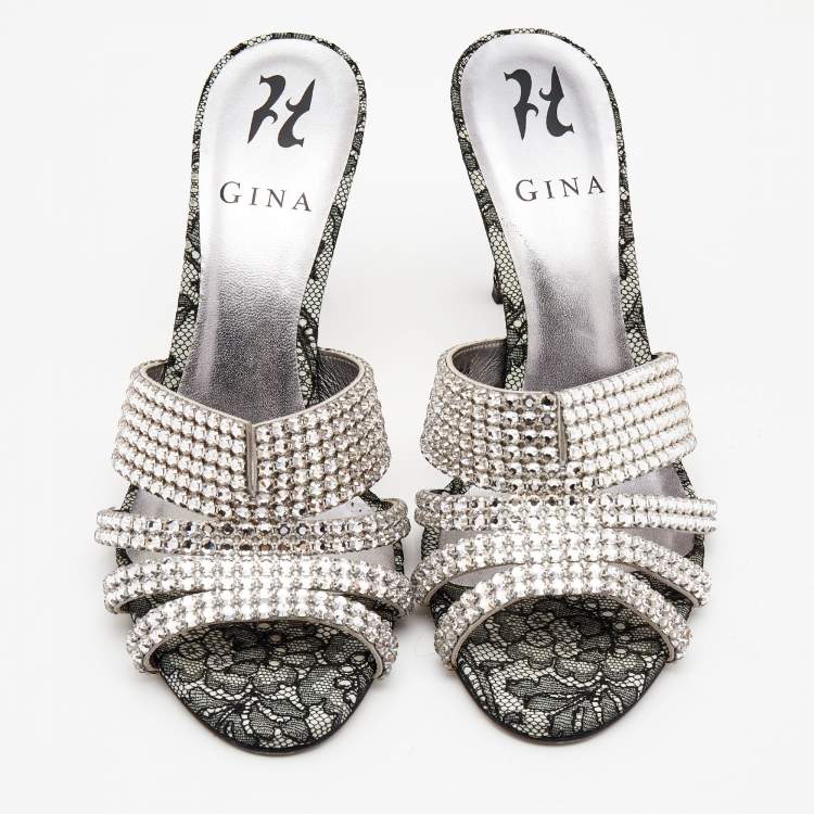 مملوكة مسبقًا Gina Silver Crystal Embellished Leather Dakota Sandals Size 37.5