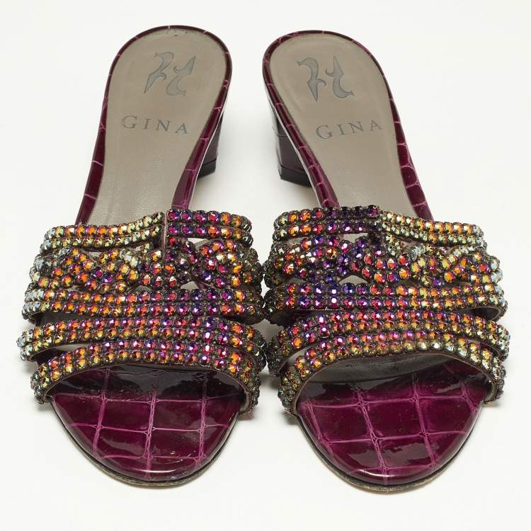 Pre Owned Gina Purple Croc Embossed Leather Crystal Embellished Loren Slide Sandals Size 37