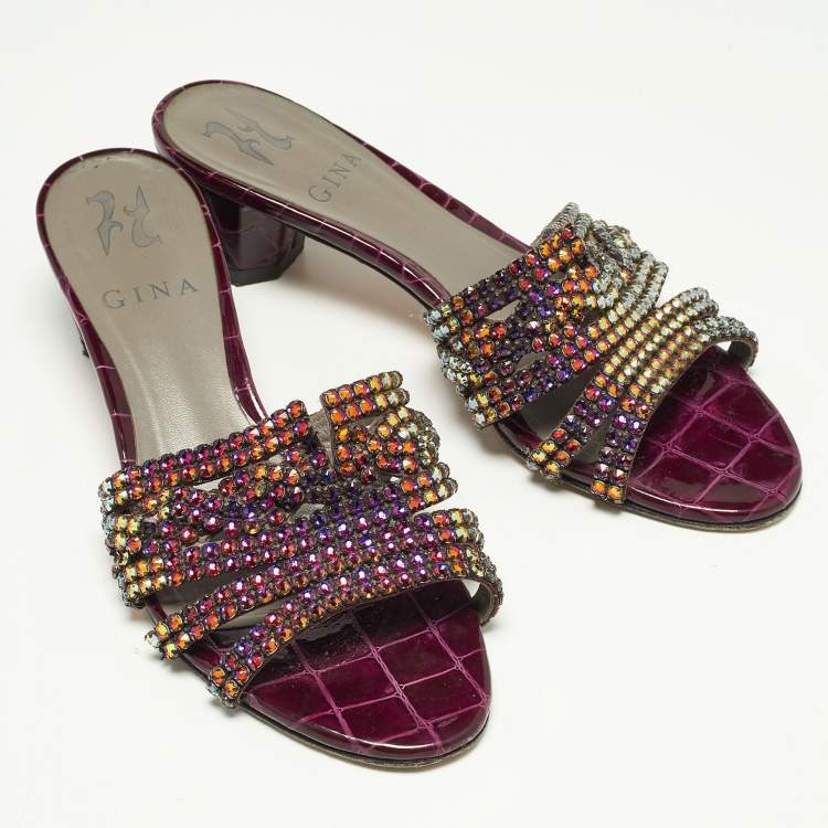 Pre Owned Gina Purple Croc Embossed Leather Crystal Embellished Loren Slide Sandals Size 37