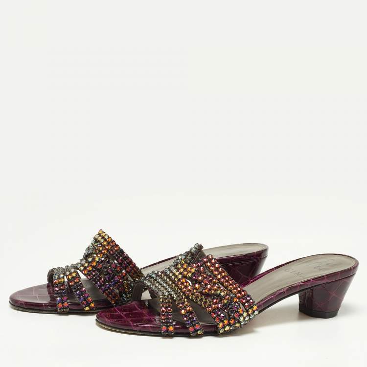 Pre Owned Gina Purple Croc Embossed Leather Crystal Embellished Loren Slide Sandals Size 37