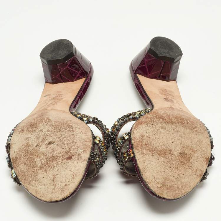 Pre Owned Gina Purple Croc Embossed Leather Crystal Embellished Loren Slide Sandals Size 37