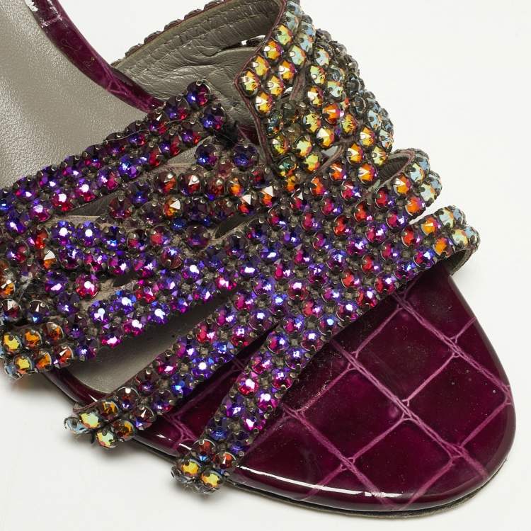 Pre Owned Gina Purple Croc Embossed Leather Crystal Embellished Loren Slide Sandals Size 37
