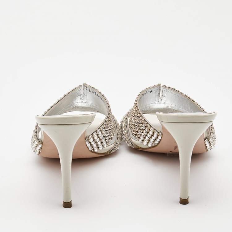 Pre Owned Gina Silver Crystal Embellished Leather Slide Sandals Size 39