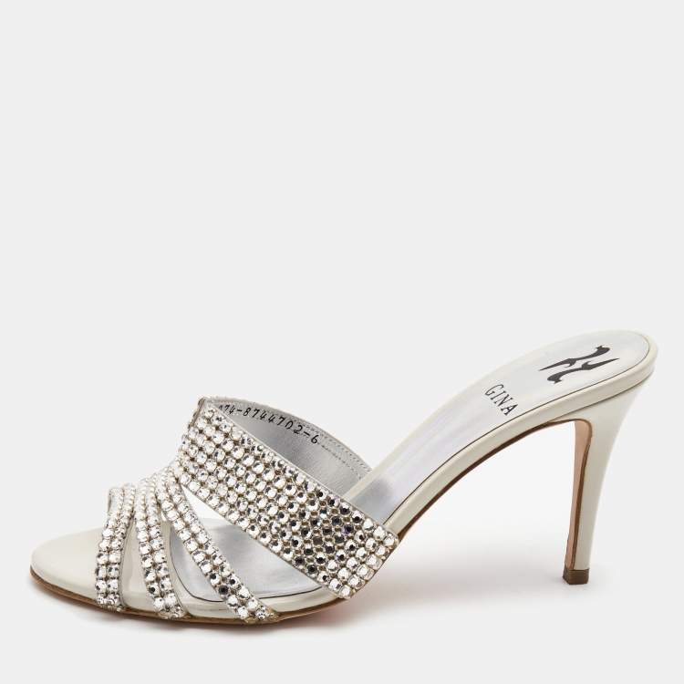Pre Owned Gina Silver Crystal Embellished Leather Slide Sandals Size 39