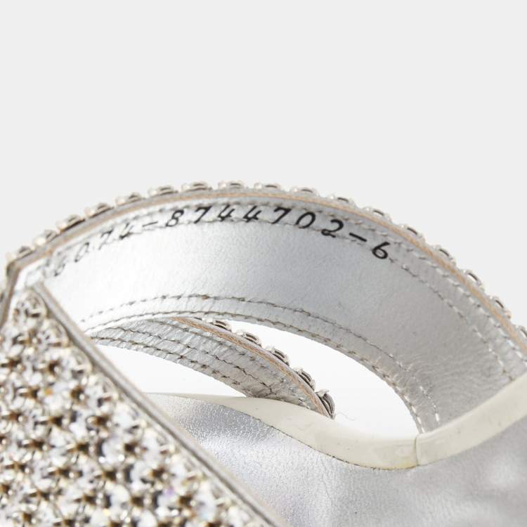 Pre Owned Gina Silver Crystal Embellished Leather Slide Sandals Size 39