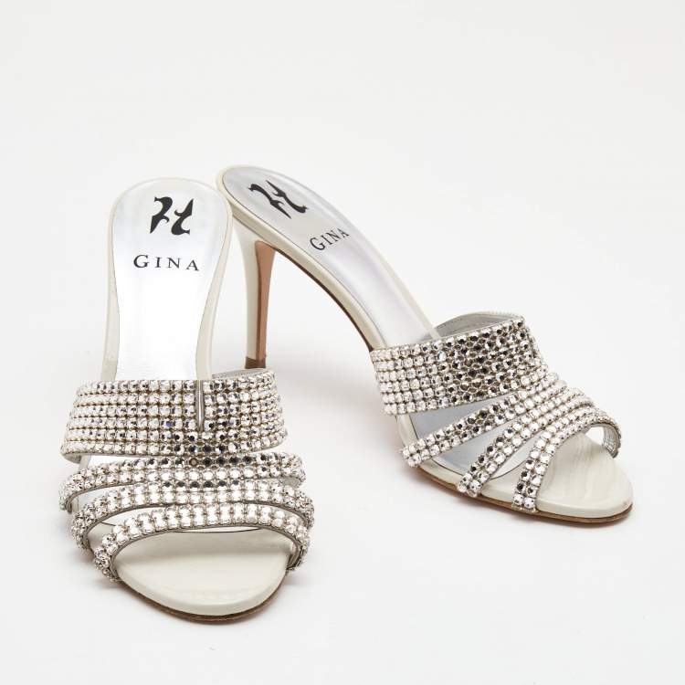 Pre Owned Gina Silver Crystal Embellished Leather Slide Sandals Size 39