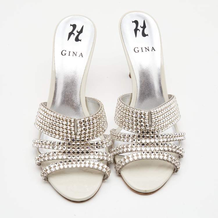 Pre Owned Gina Silver Crystal Embellished Leather Slide Sandals Size 39