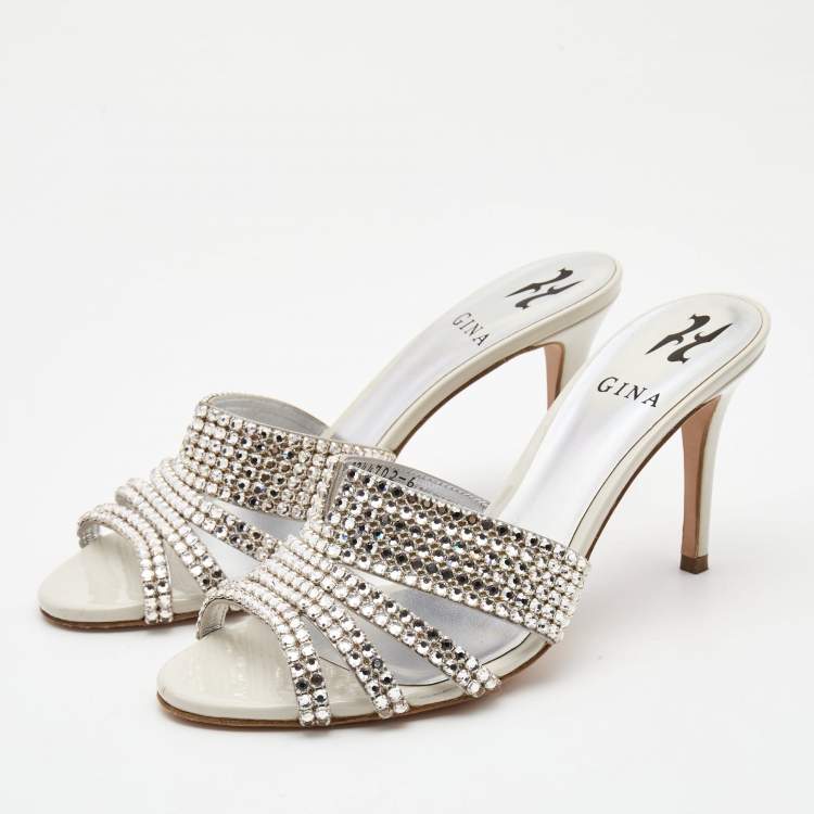 Pre Owned Gina Silver Crystal Embellished Leather Slide Sandals Size 39