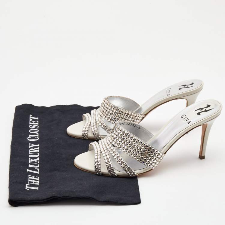 Pre Owned Gina Silver Crystal Embellished Leather Slide Sandals Size 39