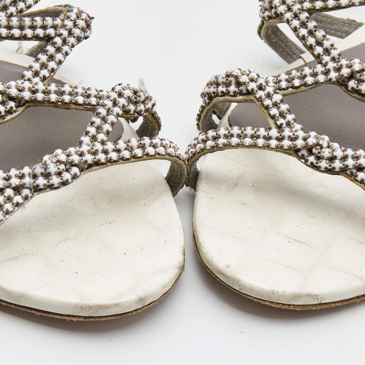 Pre Owned Gina White Crystal Embellished Leather Flat Slides Size 38.5