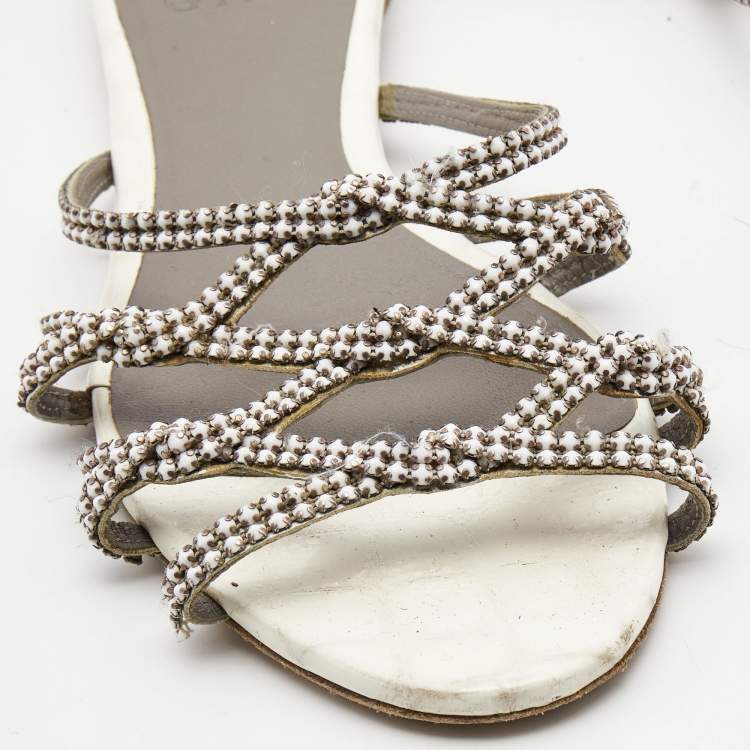 Pre Owned Gina White Crystal Embellished Leather Flat Slides Size 38.5